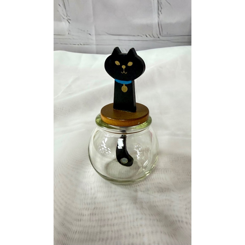 Vintage Black Cat Glass Paperclip Jar with Wooden Lid and Magnetic Tail Decor